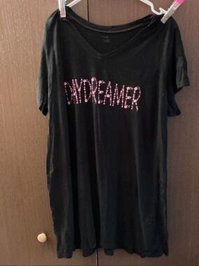 Daydreamer Black Graphic Tee Dress with Pink Sequin Text